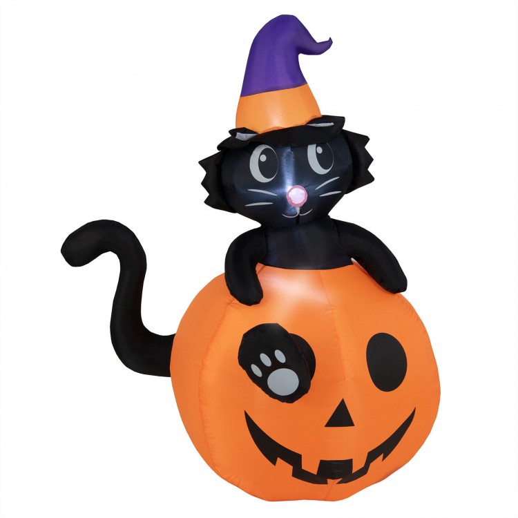 Inflatable Halloween decoration featuring a black cat on a pumpkin, 5 feet tall, with LED lights for festive ambiance.