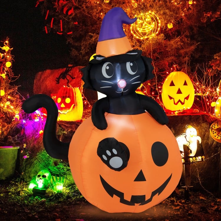 Inflatable Halloween pumpkin with a witch's black cat, featuring a playful design and built-in blower for easy setup.