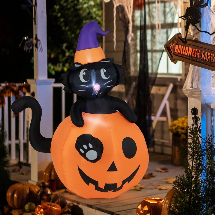 5-foot inflatable Halloween pumpkin with a witch's black cat, featuring LED lights for a spooky atmosphere.