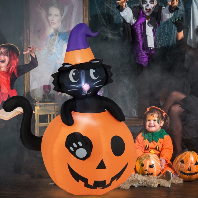 5-foot inflatable Halloween pumpkin with a black cat, featuring LED lights for a spooky atmosphere, ideal for outdoor.
