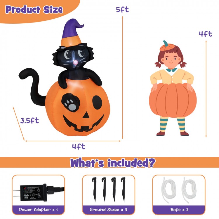 5-foot inflatable Halloween pumpkin with a witch's black cat, featuring LED lights and durable 210T polyester fabric.