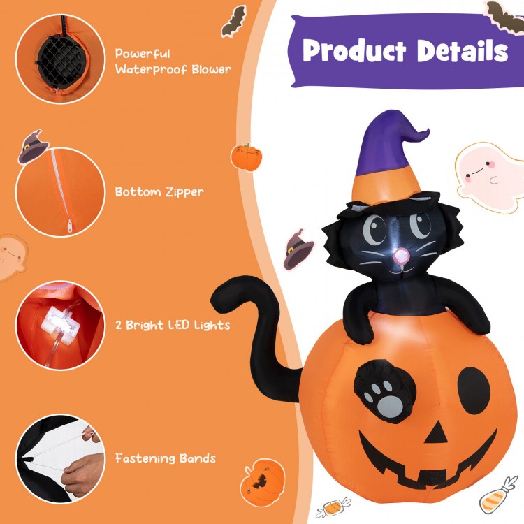 5-foot inflatable Halloween pumpkin with a witch's black cat, featuring LED lights and a waterproof blower for outdoor.