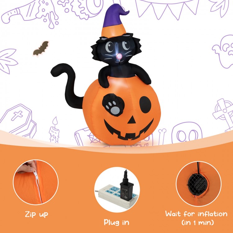 5 feet inflatable Halloween pumpkin with a witch's black cat, featuring LED lights and durable 210T polyester fabric.