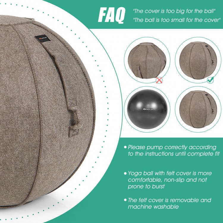 Yoga sitting ball with removable felt cover, heavy-duty PVC, anti-burst design, ideal for home or office use.