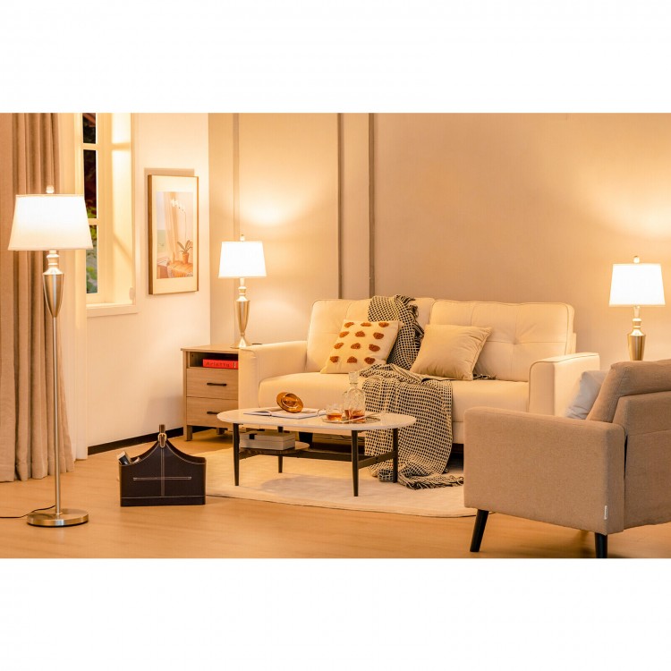 Modern 3-piece lamp set featuring a floor lamp and 2 table lamps in silver, ideal for living room or bedroom lighting.