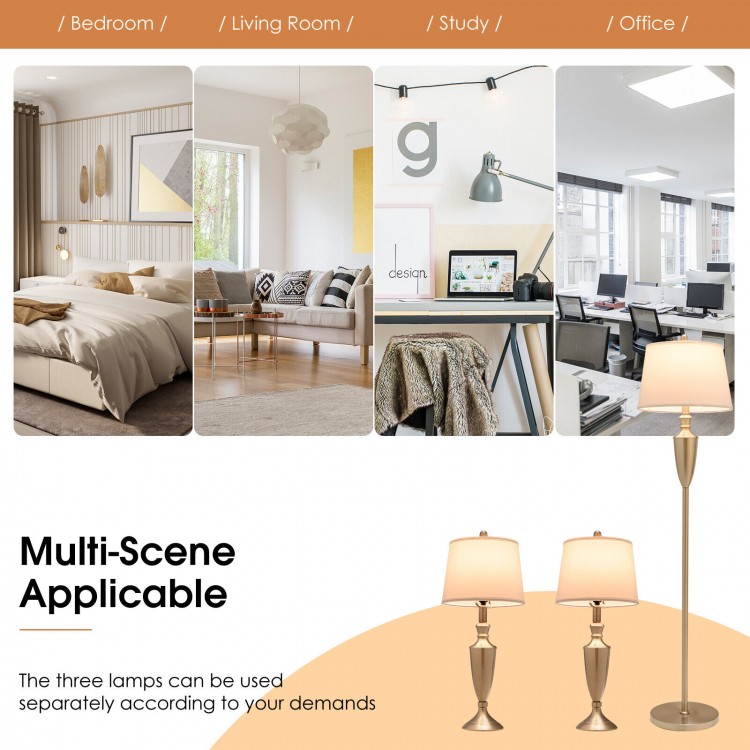 Modern 3-piece lamp set featuring a silver floor lamp and two table lamps, ideal for living room or office use.
