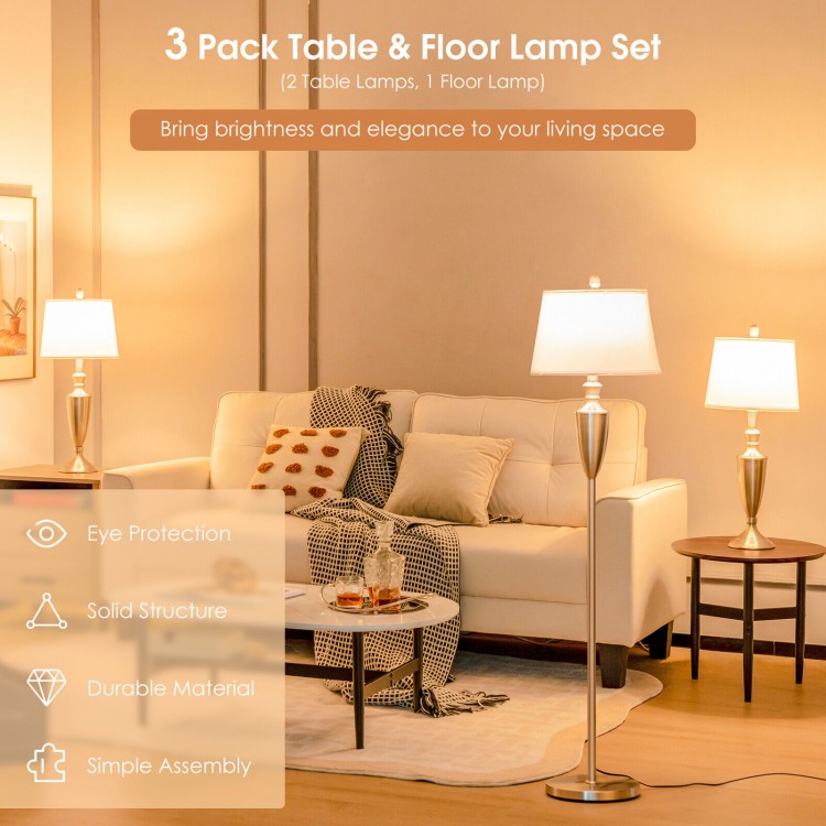 Modern 3-piece lamp set featuring a silver floor lamp and two table lamps, perfect for brightening living spaces.