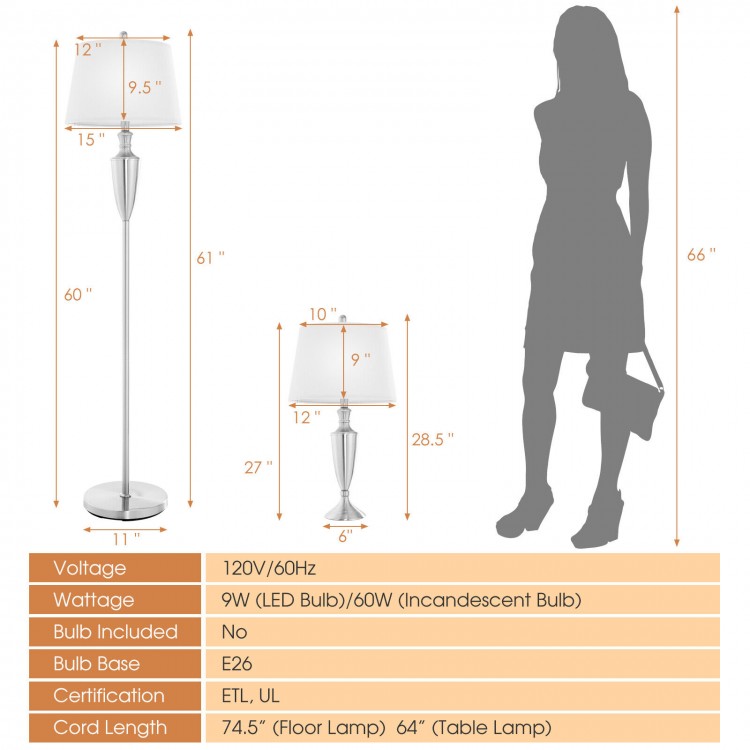 Silver floor lamp from a 3-piece set, featuring a hidden switch and premium linen shade for elegant illumination.