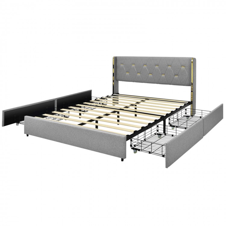 Upholstered full/queen bed frame in silver with tufted headboard and four rolling drawers for hidden storage.
