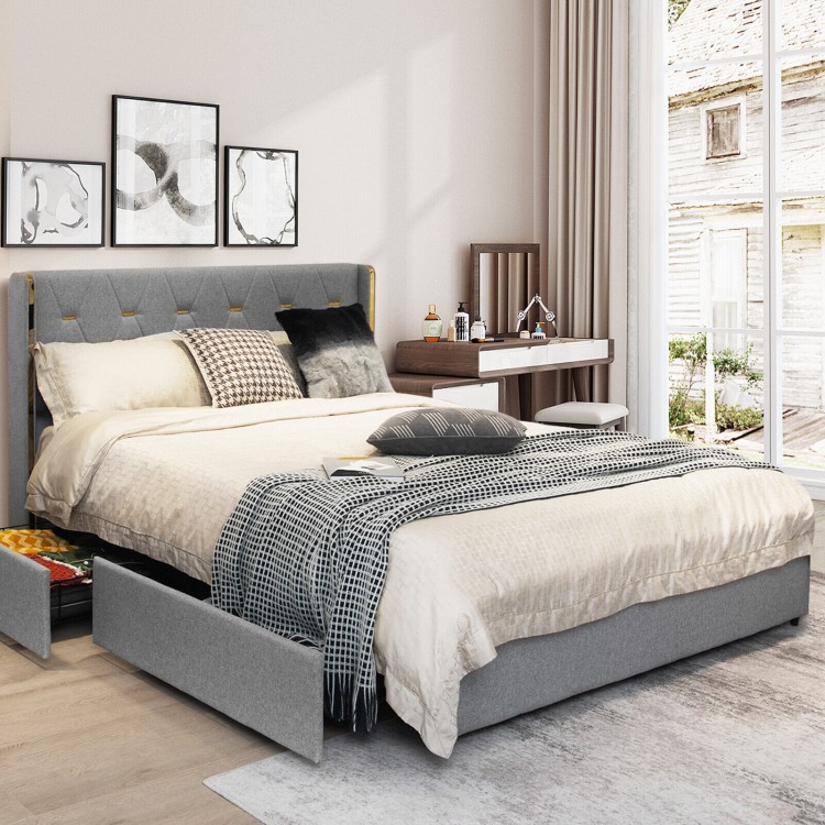 Upholstered full/queen bed frame in silver with tufted headboard and four storage drawers for stylish bedroom.