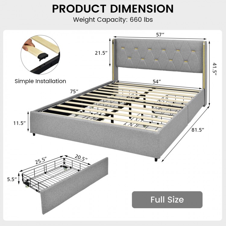 Full size upholstered bed frame in silver with tufted headboard and four rolling drawers for ample storage.