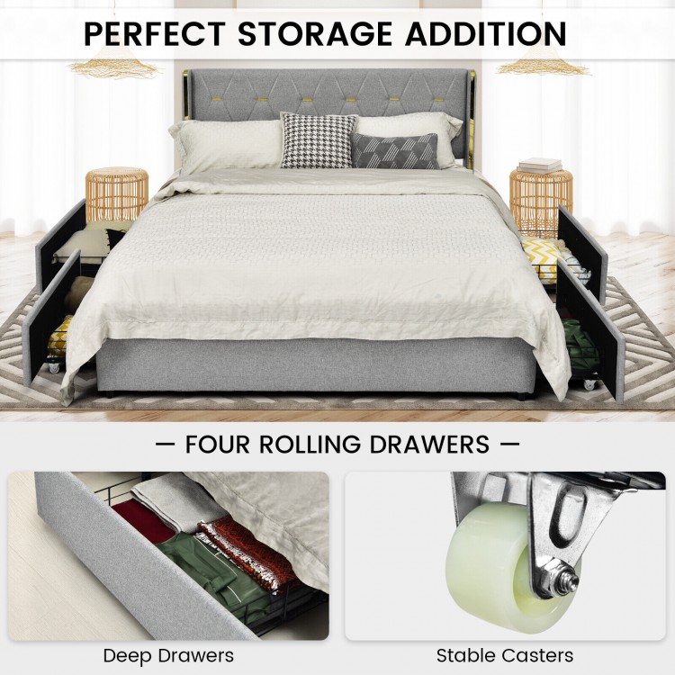 Upholstered full/queen bed frame in silver with four rolling drawers for hidden storage and a tufted high headboard.