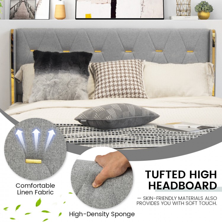 Tufted high headboard upholstered bed frame in silver with four drawers for stylish storage and comfort.