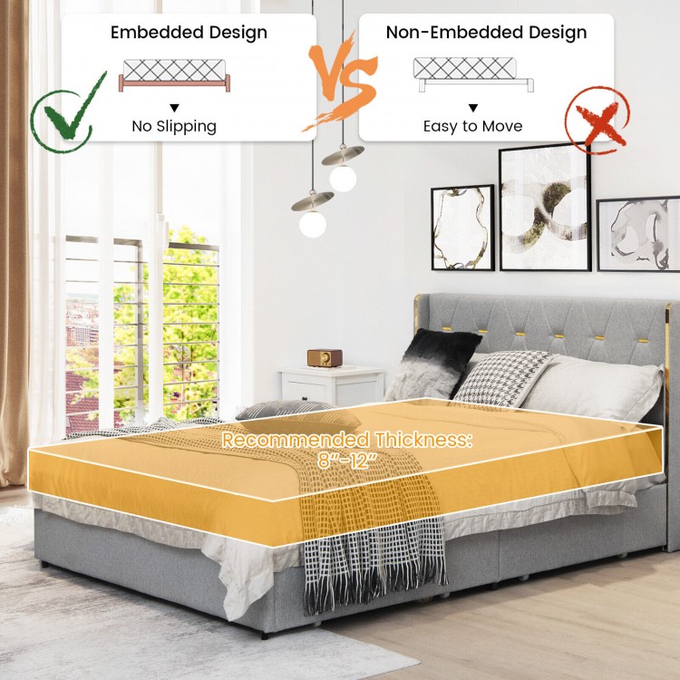 Upholstered full/queen bed frame in silver with tufted headboard and 4 drawers for stylish storage and support.