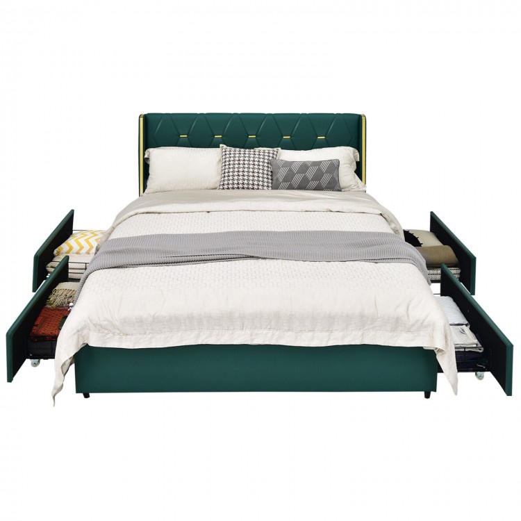 Full/Queen size green upholstered bed frame with tufted headboard and four rolling drawers for hidden storage.