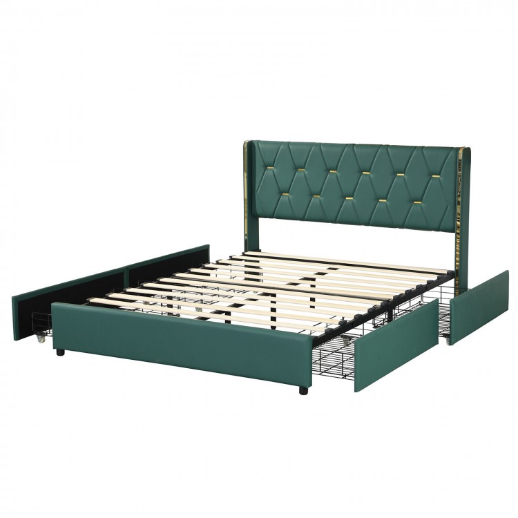 Upholstered green bed frame with tufted high headboard and four rolling drawers for ample storage and support.