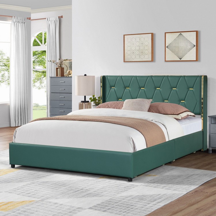 Upholstered green bed frame with tufted high headboard and four rolling drawers for stylish storage and comfort.