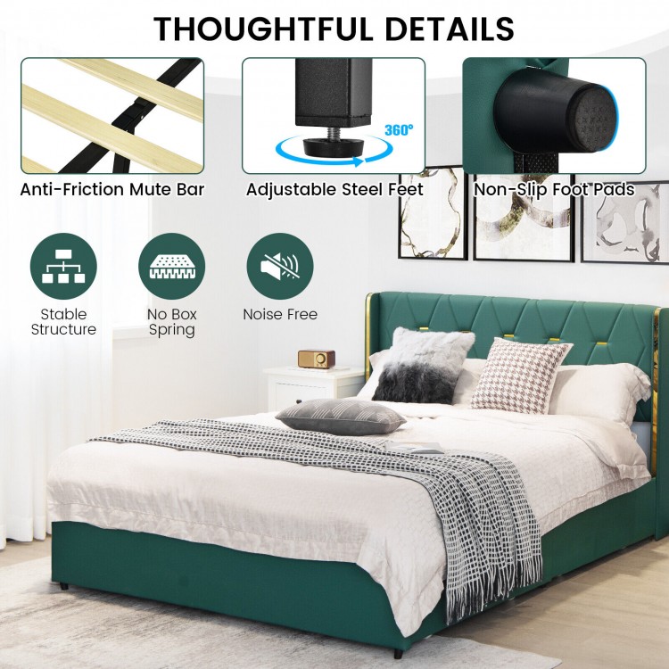 Green upholstered bed frame with tufted high headboard and four rolling drawers for ample storage and comfort.