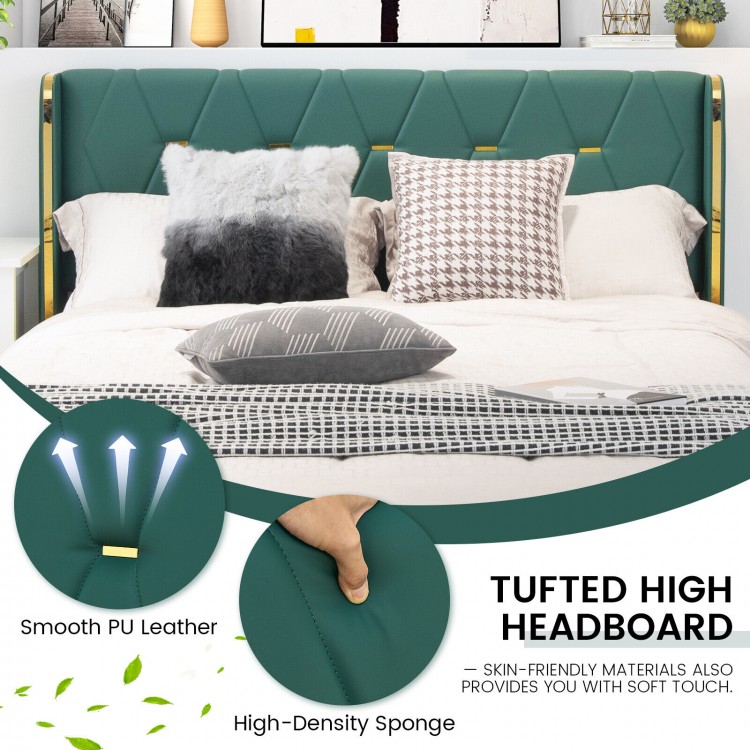 Tufted high headboard upholstered bed frame in green with four drawers, made of PU leather and steel for strong support.