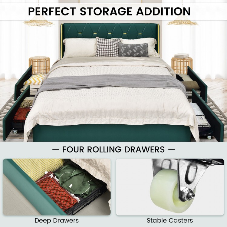 Full size green upholstered bed frame with tufted headboard and four rolling drawers for ample storage space.