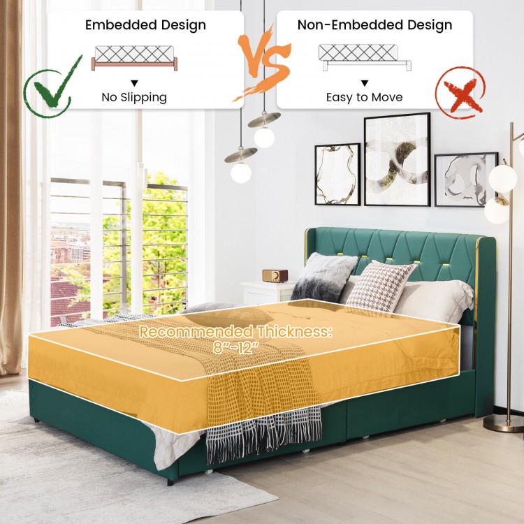 Close-up of the green upholstered bed frame's tufted headboard and soft linen fabric, enhancing bedroom elegance and.