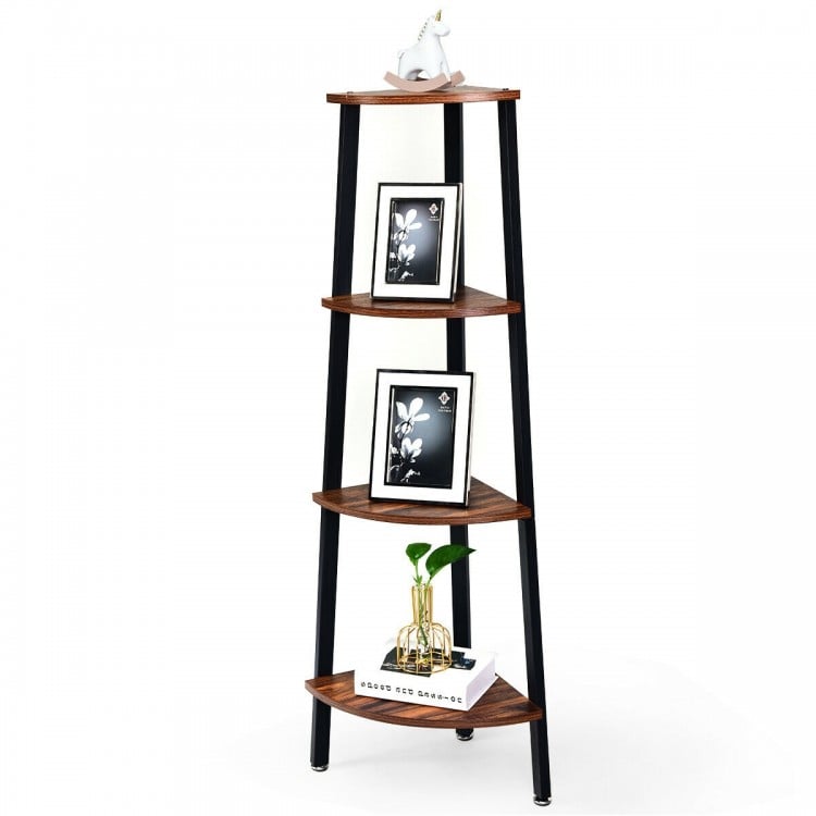 4-tier corner shelf in brown with metal frame, ideal for storage in compact spaces like living room or study.
