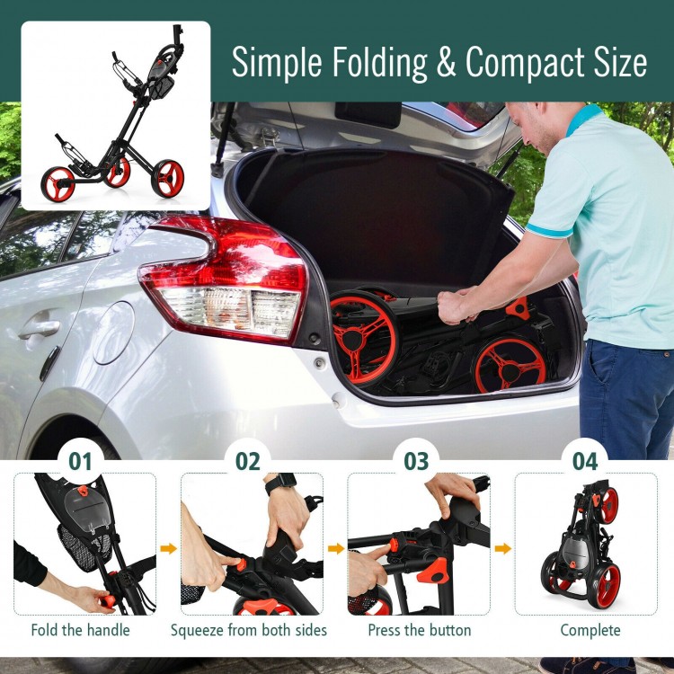 Folding 3 wheels golf push cart with adjustable handle and brake, compact size for easy storage in car trunk.