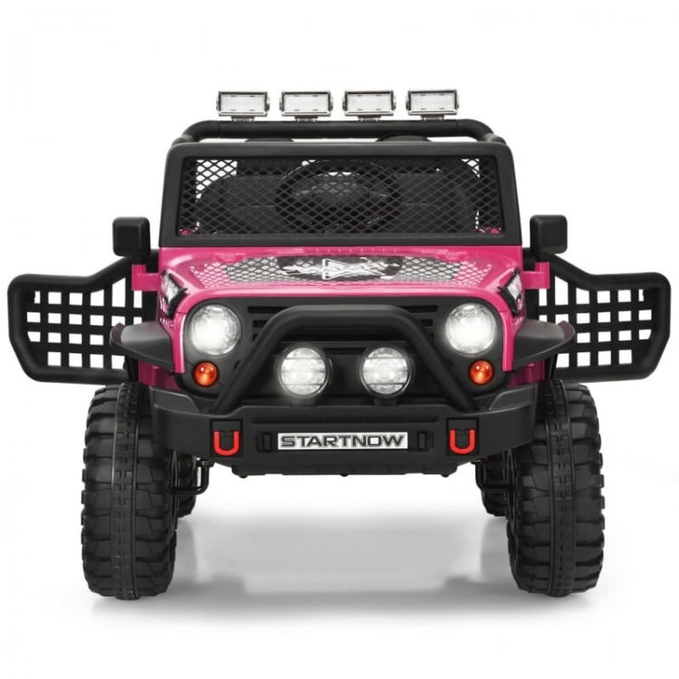 Front view of the pink 12V kids electric ride-on truck featuring lights, sounds, and parental control for safe fun.
