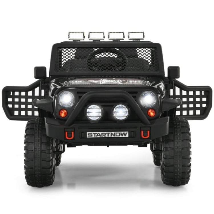 Front view of the 12V kids electric ride-on truck in black, featuring remote control, lights, and a realistic design.