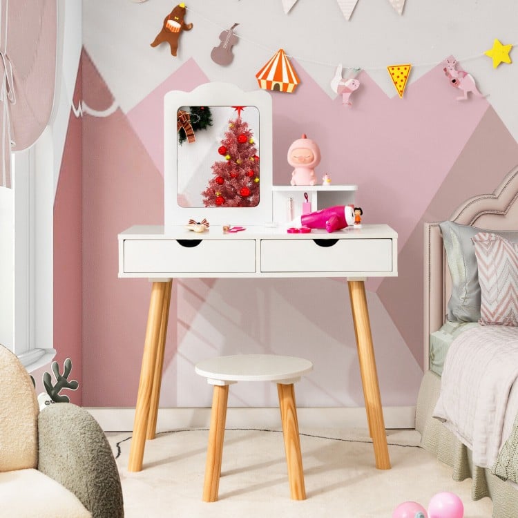 Kid vanity table and chair set in white with mirror, featuring two large storage drawers for kids' room organization.