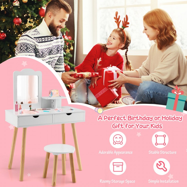 Kid vanity table and chair set in white with mirror, featuring large storage drawers for kids' play and organization.