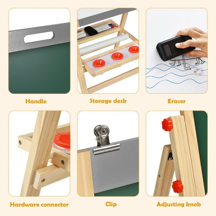 Close-up of the Kids Art Easel's storage desk and adjustable knob, featuring a sturdy design for creative activities.