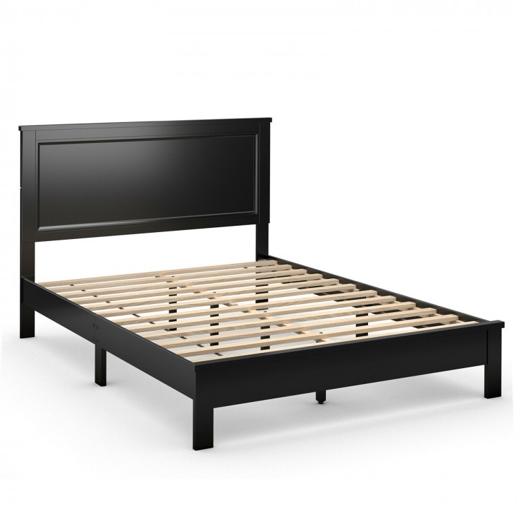 Queen size platform bed frame in black with high headboard and rubber wood legs, featuring slatted design for mattress.