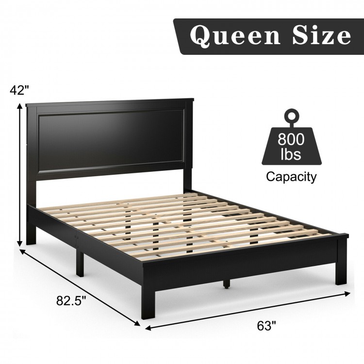 Queen size bed frame with high headboard, solid rubber wood legs, and slatted platform for mattress support and easy.