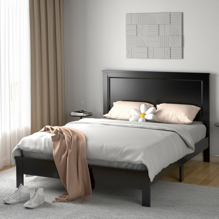 Queen size platform bed frame with high headboard, solid rubber wood legs, and slatted design for mattress support.