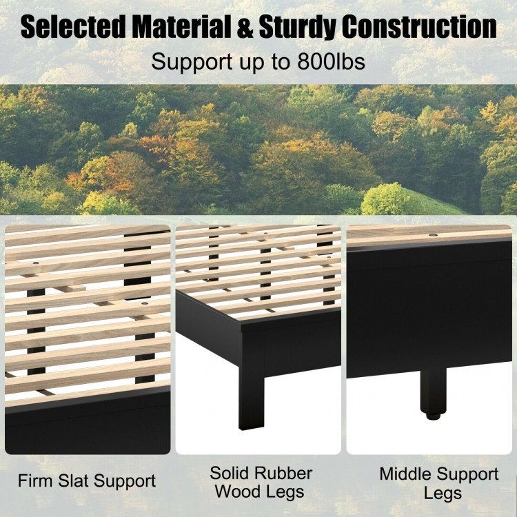 Queen size bed frame with solid rubber wood legs, slatted support, and high headboard for durability and comfort.