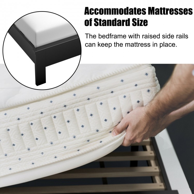 Queen size bed frame with slatted design and rubber wood legs, accommodating standard mattresses for sturdy support.