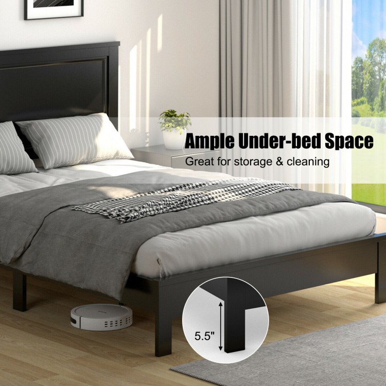 Queen size bed frame with high headboard and solid rubber wood legs, featuring 5.5-inch under-bed space for storage.
