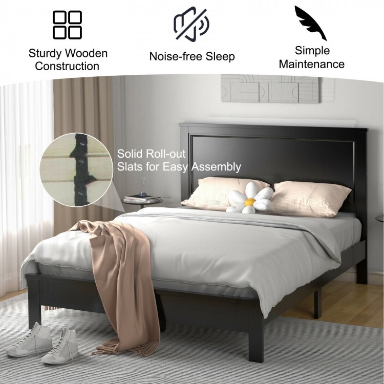 Queen size bed frame with high headboard, solid rubber wood legs, slatted design for easy assembly and noise-free sleep.