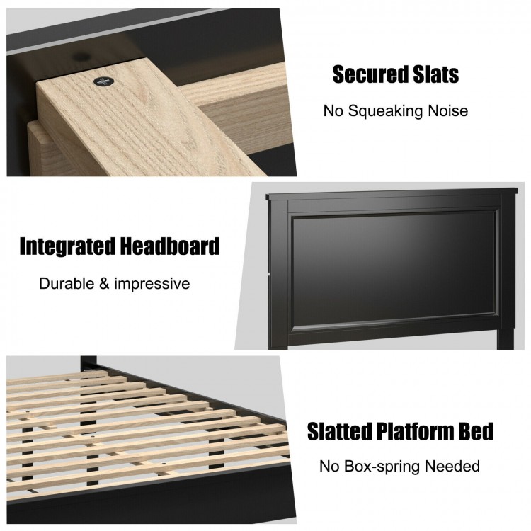 Queen size slatted platform bed frame with integrated headboard, rubber wood legs, and secured slats for noise-free.