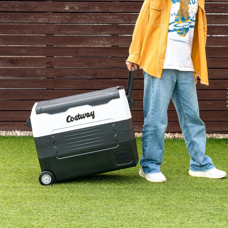 58-quart portable car refrigerator with wheels and handle, ideal for easy transportation during camping trips and.