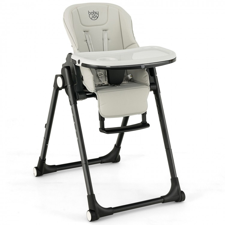 Gray 4-in-1 baby high chair with adjustable height, removable trays, and rolling wheels for easy mobility and safety.