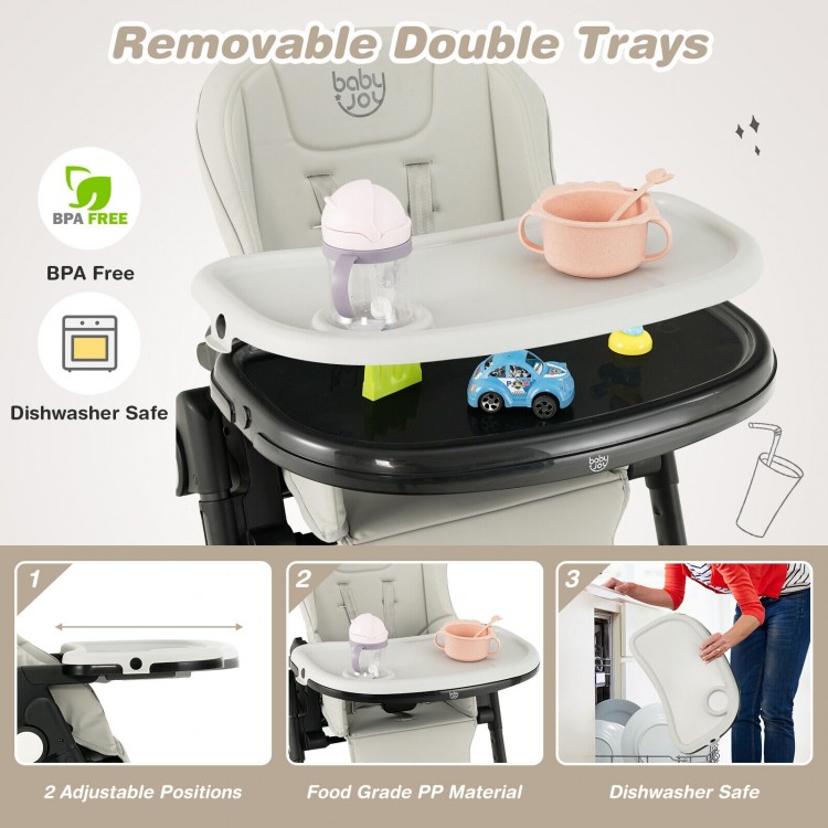 Removable double trays of the 4-in-1 baby high chair in gray, featuring adjustable positions and dishwasher-safe.