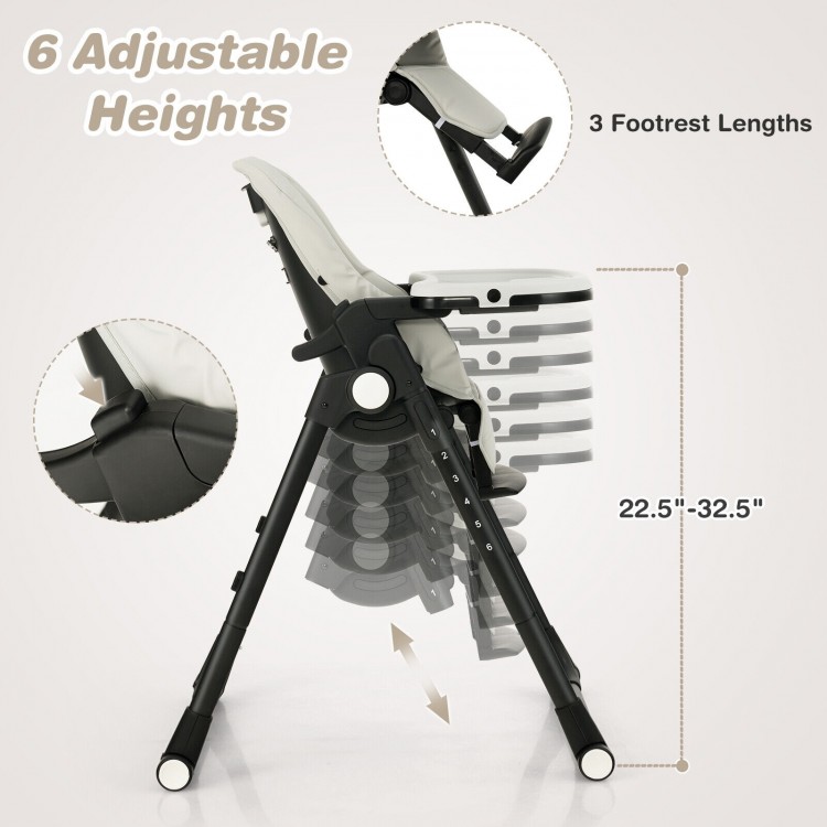 Side view of the gray 4-in-1 baby high chair showing 6 adjustable heights and 3 footrest lengths for versatile use.