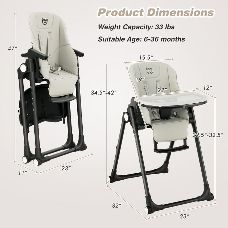 Dimensions of the gray 4-in-1 baby high chair showcasing adjustable height options and suitable age range for infants.