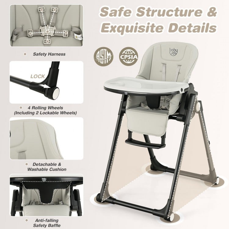 4-in-1 baby high chair in gray with adjustable heights, removable trays, and safety harness for versatile use.