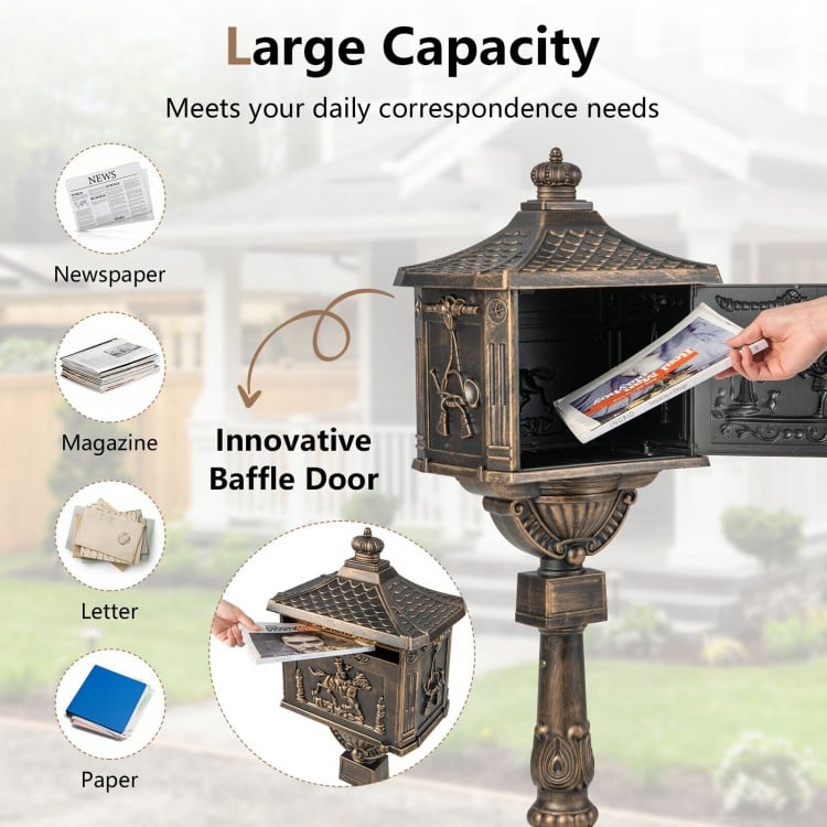 Retro bronze cast aluminum mailbox with innovative baffle door, large capacity for letters, magazines, and newspapers.