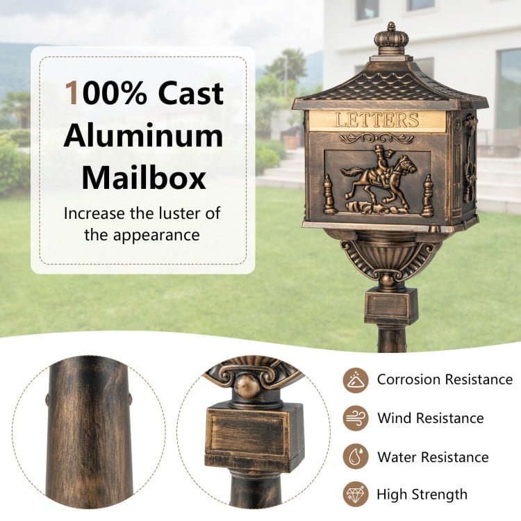 Retro cast aluminum mailbox in bronze with a lockable door, designed for secure letter delivery and elegant outdoor.