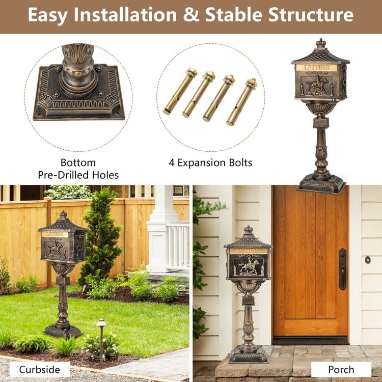 Retro cast aluminum mailbox with baffle door, bronze finish, easy installation, perfect for curbside or porch use.