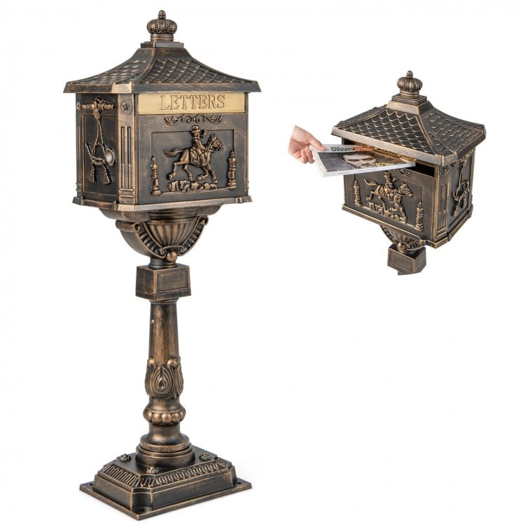 Retro cast aluminum mailbox in bronze with a lockable baffle door, ideal for secure letter delivery and stylish decor.